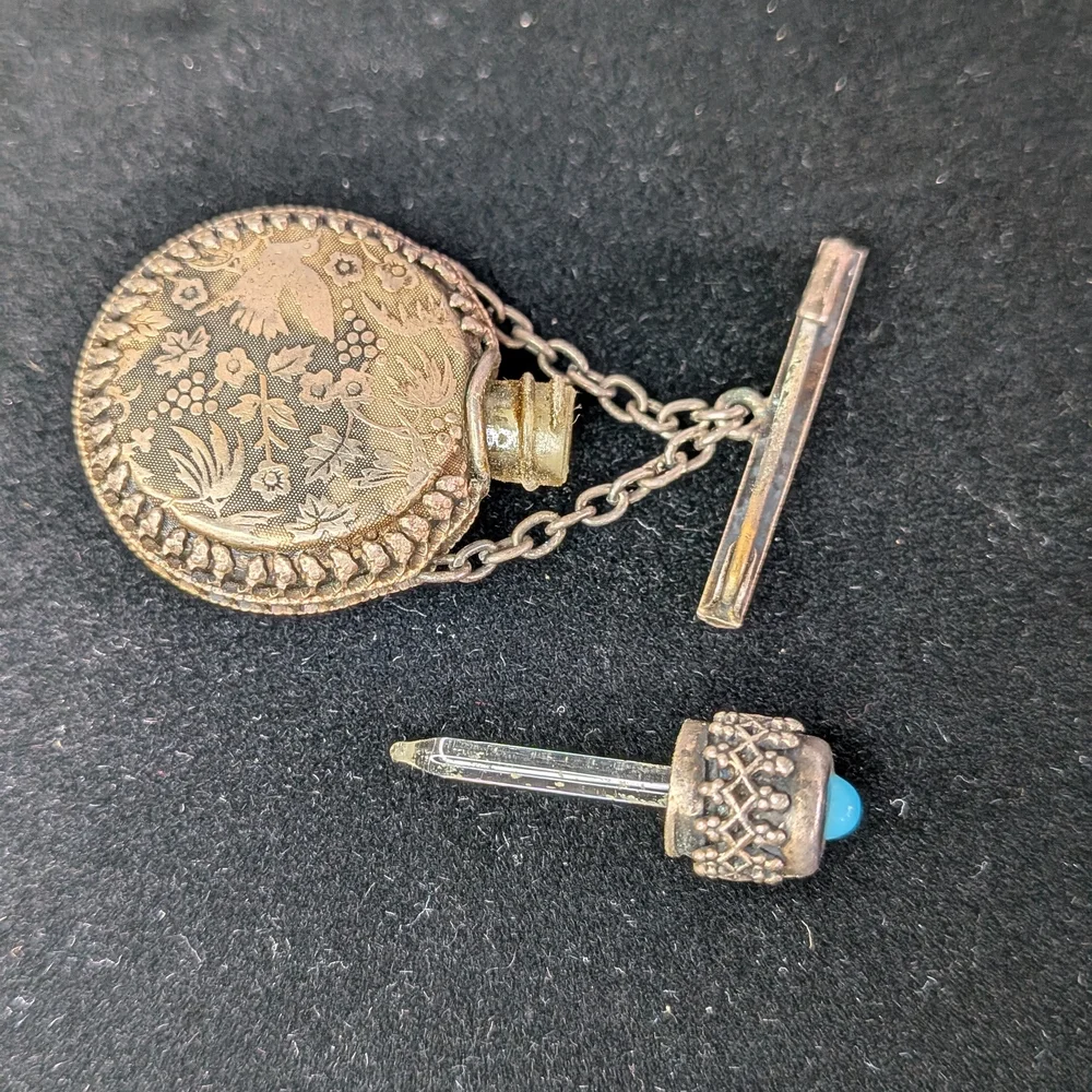 Vintage Victorian Silver Perfume scent Bottle Brooch metal Filigree Turquoise - Picture 4 of 8